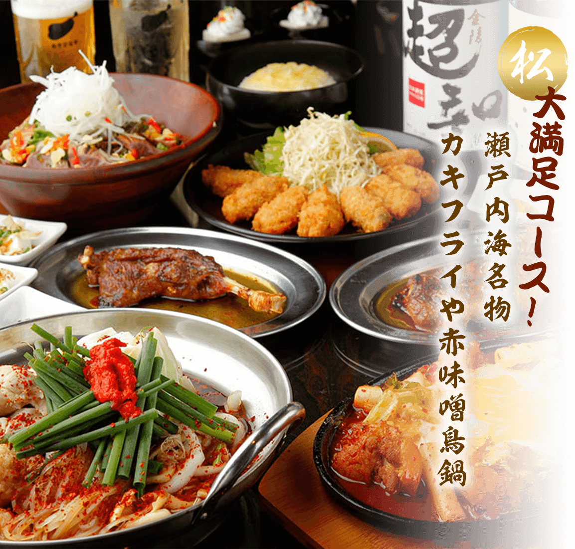 大満足コース!瀬戸内海名物カキフライや赤味噌鳥鍋